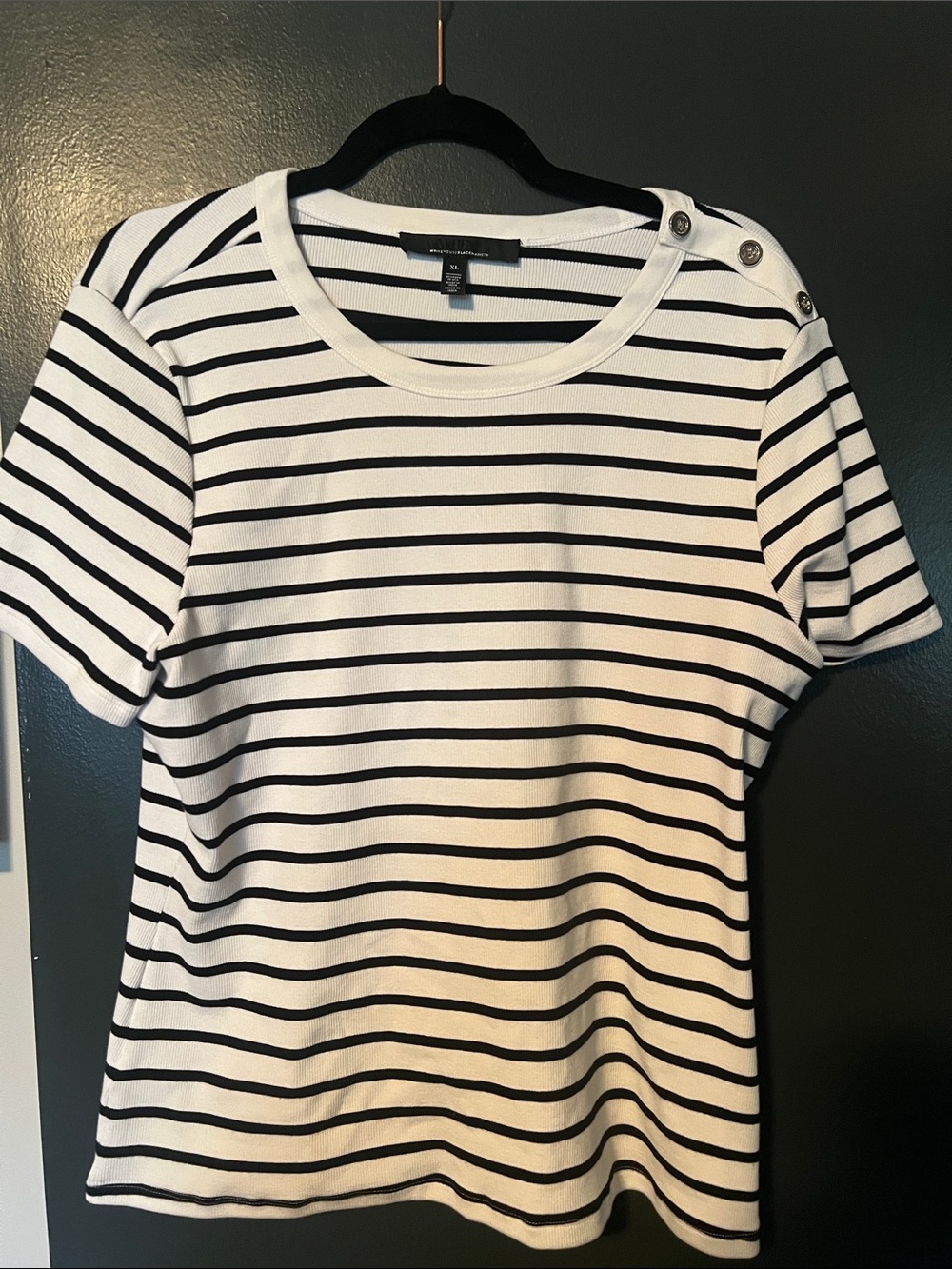 Striped Short Sleeve Button-Shoulder Top - White/Black